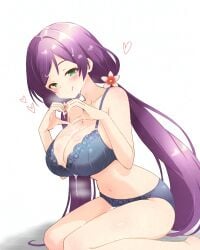 1girl adversarial_noise arms_at_sides bare_arms bare_legs bare_shoulders blue_bra blue_panties blush bra breasts cleavage closed_mouth collarbone commentary cum cum_on_body cum_on_breasts facial flower green_eyes hair_flower hair_ornament heart heart_hands highres hitorilily large_breasts long_hair looking_at_viewer love_live! love_live!_school_idol_project low_twintails navel panties purple_hair shadow simple_background sitting smile solo stomach tojo_nozomi twintails underwear underwear_only wariza white_background