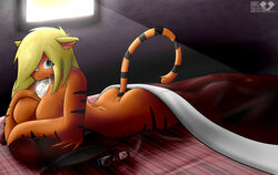 1girls anthro bagelcollector bed big_breasts blonde_hair breasts chest_tuft cleavage eyeswear feline female female_only glasses green_eyes hair looking_at_viewer lying pillow sheets solo stare stripes voluptuous window