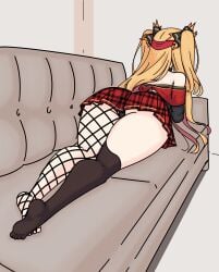 1girls back back_view big_ass big_butt black_panties blonde_hair breasts butt chromashift clothing elf_ears elf_female elf_girl fanart female female_only light-skinned_female light_skin long_hair panties pointy_ears red_eyes red_hair ruby_runeheart shinki93 sofa thick_thighs thighs virtual_youtuber vtuber vtuberfanart