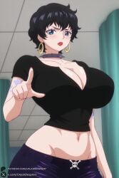 1female 1girl 1girls 2026 ai_generated artist_name big_ass big_breasts black_hair black_shirt blue_eyes blush breasts cleavage collar crop_top curvy doll_(one_piece) earrings hi_res high_quality high_resolution highres hoop_earrings huge_ass huge_breasts jewelry large_breasts lipstick looking_at_viewer makeup midriff navel one_piece pants patreon patreon_username pointing red_lips shirt short_hair solo spiked_collar spikes tattoo unjobdespiert watermark