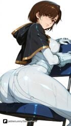 1girl ai_generated artist_name ass bangs blush bodysuit breasts brown_eyes brown_hair cameltoe capelet chair closed_mouth covered_nipples evie_(stellar_blade) freckles gloves hood large_breasts looking_at_viewer looking_back medium_breasts pantylines patreon questionable senpai_pixels shift_up shiny short_hair simple_background sitting skin_tight solo stellar_blade stellar_blade:_blood_rain sweat thighs tight wet wet_clothes white_background white_bodysuit