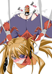 angry anus arms_behind_back asuka_langley_sohryu blue_eyes blush bondage clenched_teeth clothes clothing entry_plug eyepatch female female_only hair human insertion long_hair looking_at_viewer medium_breasts mikagami_sou neon_genesis_evangelion orange_hair plugsuit pussy pussy_juice rebuild_of_evangelion restrained saliva solo spread_legs suspension torn_clothes translation_request trembling vibrator