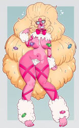 alternate_version_available big_breasts blonde_hair breasts candy candy_girl candy_humanoid covering_nipples drool femsub glasses large_breasts long_hair original pink_skin pubic_hair thick_thighs transformation wrenzephyr2