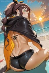 1girl ai_generated ass back bangs beach bikini bikini_top black_bikini braid breasts brown_hair cape cloud denim denim_shorts from_behind green_eyes hi_res high_quality high_resolution hood large_breasts long_hair looking_at_viewer looking_back ocean outdoors patreon ponytail savvyraexo seductive sexy shaula_(re:zero) short_shorts shorts sitting solo string_bikini swimsuit thighs uncensored water watermark