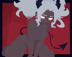 1girl ai_assisted black_horns black_tail blind blush breasts closed_mouth completely_nude dark-skinned_female dark_skin demon_girl demon_horns demon_tail glowing glowing_eyes helltaker horns judgement_(helltaker) large_breasts long_hair nude rawr69 red_background solo tail white_eyes white_hair