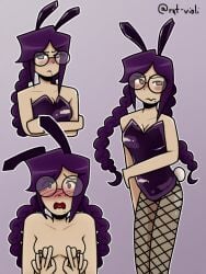 annoyed blushing braids bunnysuit danganronpa danganronpa:_trigger_happy_havoc embarrassed fishnets fukawa_toko fukawa_touko hiding_breasts latex nervous purple_eyes purple_hair small_breasts