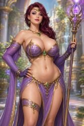 1girls ai_generated asymmetrical_hair bangle belly_button blurry_background bracelet burgundy_hair chatgpt circlet cleavage earrings eyelashes eyeshadow fantasy fantasy_world female female_only flowing_clothing gem gold_trim hair_over_shoulder holding_staff holding_weapon hourglass_figure human_(world_of_warcraft) jewel jewelry large_breasts light-skinned_female lipstick long_hair looking_at_viewer loose_hair mage mature_female midriff necklace one_hand_on_hip outline pelvic_curtain purple_eyeshadow rgomez007 seductive_look self_upload sideboob slight_smile solo_female sorceress standing thick_lips thighlet voluptuous wide_hips world_of_warcraft