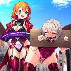 ai_generated chastity_cage dildo femboy femdom gag green_eyes grey_hair orange_hair original original_character