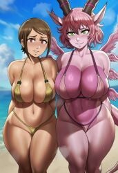 2girls ai_generated beach big_breasts bikini boobs boobs_bigger_than_head breasts breasts_bigger_than_head brown_hair brunette colored_skin digimon digimon_(species) digimon_adventure_02 dragon_girl female female/female female_focus female_only hikari_yagami holydramon horns humanized kari_kamiya light-skinned_female light_skin long_ears looking_at_viewer magnadramon pink_hair pink_skin sweat sweating sweaty sweaty_body sweaty_breasts tail take_your_pick wings