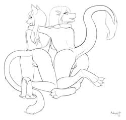 anthro anus ass ass_up bent_over black_and_white breasts dragon feline female fur furry hug looking_at_viewer monkeyspirit monochrome nude presenting presenting_hindquarters pussy raised_tail sara signature sketch xel