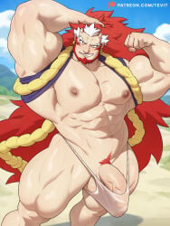 1boy abs absurdres bara beard biceps broad_shoulders earrings facial_hair highres huge_pectorals jewelry long_hair looking_at_viewer male male_focus male_only male_pubic_hair multicolored_hair muscular muscular_arms muscular_male navel nipples outdoors pectorals penis pubic_hair red_hair right_(yomi_no_tsugai) sky small_horns solo streaked_hair sweat tevit15 thick_thighs thighs two-tone_hair undersized_clothes veins very_long_hair yomi_no_tsugai