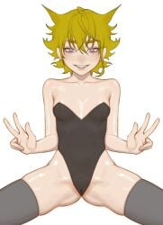 bunnysuit exposed_pussy heart-shaped_pupils korodou peace_sign stockings translucent_clothing