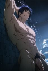 1boy ai_generated big_penis dilf flaccid flaccid_penis gay gay_male hand_on_head hands_behind_head jujutsu_kaisen male male_only muscles muscular muscular_male naked naked_male nipples nude nude_male penis pubes pubic_hair raining shower showering smooth_armpits solo solo_focus solo_male thick_penis toji_fushiguro veiny_penis yaoi zettai101