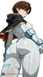 1girl ai_generated artist_name ass bangs blush bodysuit breasts brown_eyes brown_hair cameltoe capelet closed_mouth covered_nipples evie_(stellar_blade) from_behind gloves hood hood_down large_breasts looking_at_viewer looking_back medium_breasts patreon questionable see-through senpai_pixels shift_up short_hair simple_background skin_tight smile solo stellar_blade stellar_blade:_blood_rain tight wet wet_clothes white_background