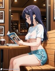 1girls ai_generated bench book breasts cafe casual casual_nudity coffee coffee_mug covered_nipples cup encoder female no_bra outdoors public public_exposure public_nudity reading reading_book shorts sitting t-shirt table tank_top underboob