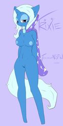 2013 anthrofied blue_fur blue_hair cape cutie_mark english_text equine female friendship_is_magic hair horn horse my_little_pony navel nude plain_background pony purple_eyes pussy solo tesslashy text trixie_(mlp) unicorn white_background