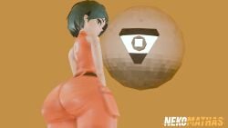 1girl 3d big_ass blender green_eyes green_hair jumpsuit mole_on_arm mole_on_face moles motorslice nekomathas orange_jumpsuit orbie_(motorslice) p_(motorslice) white_skin
