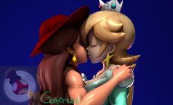 2girls 3d 3d_(artwork) bare_shoulders big_breasts breasts brown_hair closed_eyes crown dress duo earrings eyeshadow female female_only gamer126i hair_over_one_eye hat kabalmystic_(style) kiss kissing light-skinned_female light_skin lips lipstick long_hair mario_(series) nail_polish nintendo pauline pauline_(mario) platinum_blonde_hair princess_rosalina purple_eyeshadow red_lipstick star_earrings upper_body