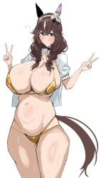 1girls blush breasts_bigger_than_head cleavage collar curren_bouquetd'or_(umamusume) gold_bikini horse_girl hyper_breasts large_breasts oouw peace_sign tagme tail thick_thighs umamusume umamusume_pretty_derby v_sign voluptuous