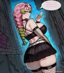 1girl alley alternate_costume ass back bare_shoulders belt black_choker black_skirt blush braid breasts choker comic comic_page crop_top demon_slayer english_text fellatio_gesture fishnet_gloves fishnet_thighhighs fishnets from_behind gradient_hair green_eyes green_hair heart highleg kanroji_mitsuri kimetsu_no_yaiba large_breasts long_hair looking_at_viewer looking_back miniskirt mitsuri_kanroji mole mole_under_each_eye mole_under_eye multicolored_hair multiple_moles naughty_face ok_sign open_mouth oral_invitation outdoors patreon_username pink_hair pleated_skirt sexually_suggestive skindentation skirt solo speech_bubble thighhighs thighs tongue tongue_out tri_braids twin_braids two-tone_hair vanillagirl web_address