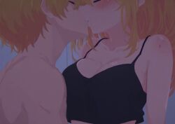 1boy 1girl ai_assisted bare_shoulders bite_mark black_camisole blonde_hair blush breasts brother_and_sister camisole cleavage closed_eyes collarbone crop_top hetero hickey hoshino_aquamarine hoshino_ruby incest kiss large_breasts long_hair oshi_no_ko rawr69 shirtless short_hair siblings sidelocks tank_top twincest twins upper_body