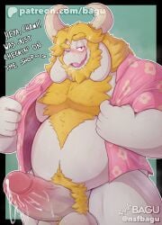 anthro asgore_dreemurr bagu balls bara barazoku beard boner caprine deltarune erection facial_hair furry goat horns male male_only musclegut muscles muscular open_clothes open_shirt overweight pantsless penis shirt solo solo_male undertale white_fur yellow_hair