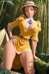 1girl ai_generated bamboo bamboo_forest belt blue_eyes breasts brown_hair cleavage disney dress forest grass hand_on_hip hat hi_res high_quality high_resolution jane_porter large_breasts leaf lips looking_at_viewer nature patreon plant puffy_sleeves seductive sexy short_hair smile solo spicytoonai standing thick_thighs thighs tree uncensored watermark yellow_dress