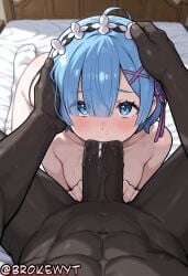 1boy 1girl abs ai_generated bangs bed bed_sheet blue_eyes blue_hair blush breasts brokewyt collarbone dark-skinned_male dark_skin erection eyes_visible_through_hair fellatio hair_between_eyes hair_ornament hair_over_one_eye hair_ribbon hand_on_another's_head hetero hi_res high_quality high_resolution highres indoors interracial kneeling large_penis looking_at_viewer maid_headdress nude on_bed oral penis pov ram_(re:zero) re:zero_kara_hajimeru_isekai_seikatsu rem_(re:zero) ribbon saliva short_hair solo_focus sweat thighhighs uncensored veins veiny_penis very_dark_skin x_hair_ornament