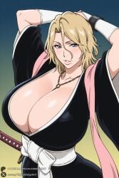 1female 1girl 1girls 2026 ai_generated arms_up artist_name big_ass big_breasts black_kimono bleach bleach:_the_thousand-year_blood_war blonde_hair blue_eyes breasts cleavage curvy gradient gradient_background hair_between_eyes haori hi_res high_quality high_resolution highres huge_ass huge_breasts japanese_clothes jewelry katana kimono looking_at_viewer matsumoto_rangiku mole mole_under_mouth necklace parted_lips patreon patreon_username rangiku_matsumoto sheath sheathed short_hair smile solo sword unjobdespiert watermark weapon wide_sleeves