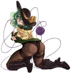 1girl big_ass blushing boots green_eyes green_hair hat heel_boots koishi_komeiji komeiji_koishi panties pantyhose skirt_lift touhou touhou_project