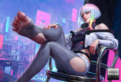 1girls ai_generated bare_shoulders black_leotard blue_eyes breasts chair cropped_jacket cyberpunk cyberpunk:_edgerunners cyberpunk_2077 eyeliner feet foot_focus foot_out_of_frame hand_on_own_knee hip_vent jacket legs leotard looking_at_viewer lucy_(cyberpunk) lucyna_kushinada makeup medium_breasts multicolored_hair no_shoes off_shoulder open_jacket philon pink_hair red_eyeliner short_hair sitting smile soles solo stable_diffusion stirrup_legwear toeless_legwear toenails toes white_jacket