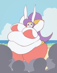 animated anthro arms_behind_back ass beach bee-unit belly belly_dancer belly_overhang blue_eyes breasts bunny cleavage crowd crowd_watching fat furry genie genie_girl hips lagomorph lagomorph_humanoid large_ass large_breasts overweight overweight_female ponytail purple_hair rabbit shantae shantae_(character) stomach thick_thighs thighs wayforward weight_gain white_fur wide_hips