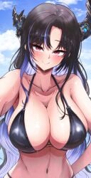 1girl absurdres bare_shoulders bikini black_bikini black_hair black_horns blue_hair blush breasts cleavage closed_mouth collarbone colored_inner_hair commentary demon_horns english_commentary flower halterneck hand_on_own_hip highres hololive hololive_english horn_flower horns kaiju_ryoku large_breasts long_hair looking_at_viewer mole mole_under_eye multicolored_hair navel nerissa_ravencroft outdoors outstretched_arm parted_bangs red_eyes simple_background smile solo stomach string_bikini swimsuit triangle_bikini_top two-tone_hair very_long_hair virtual_youtuber wet wet_clothes wet_swimsuit