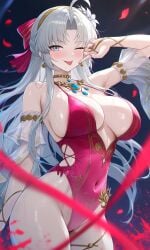 ai_generated attractive_female big_breasts bikini breasts carlotta_(wuthering_waves) multicolored_eyes seductive_look sexy sexy_body sexy_pose tongue tongue_out white_hair wink wuthering_waves