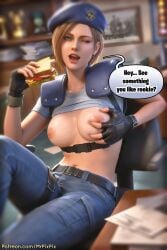 3d ai_assisted blue_eyes blush brown_hair capcom exposed_breasts flashing flashing_breasts food food_play gloves grabbing_own_breast imminent_sex jill_valentine jill_valentine_(julia_voth) jill_valentine_(sasha_zotova) naughty naughty_face nipples patreon patreon_link patreon_username pinup resident_evil sandwich sitting speech_bubble teasing teasing_viewer text text_bubble