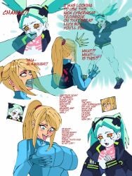 blonde_hair blue_eyes blue_skin body_swap confusion crossover curvy_female cyberpunk:_edgerunners cyberpunk_(series) drooling female_only height_difference huge_ass huge_breasts metroid muscular_female nintendo open_mouth petite rebecca_(edgerunners) samus_aran shocked_expression thick_thighs toned_female tongue_out