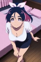 +_+ 1girl ai_generated barefoot bed bedroom black_skirt blue_hair breasts cleavage closed_mouth collarbone digitalwaifugallery hair_ribbon hand_on_own_knee hi_res high_quality high_resolution indoors large_breasts leaning_forward looking_at_viewer multicolored_hair on_bed patreon pencil_skirt pillow pink_eyes pink_hair ponytail ribbon seductive sexy shirt short_sleeves skirt smile solo star-shaped_pupils symbol-shaped_pupils uncensored watermark white_shirt