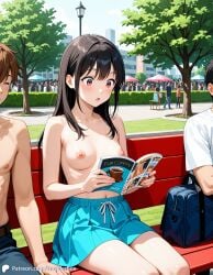 1girls 2boys ai_generated bench book breasts cap casual casual_nudity encoder female male nipples no_bra outdoors park public public_exposure public_nudity reading reading_book school_bag sitting skirt topless tree