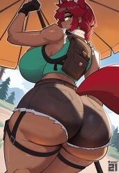 ass back_view big_ass big_breasts booty_shorts breasts clothed clothed_female fox_ears fox_girl fox_tail gloves huge_ass huge_breasts looking_back looking_back_at_viewer outside re-logic snow2121212121 terraria zoologist_(terraria)