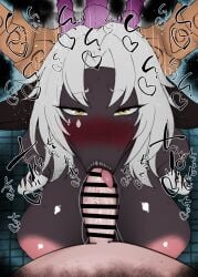 1boy 1girls :>= atelier_(series) atelier_yumia big_breasts colored dark-skinned_female fellatio horns interspecies kurotama light-skinned_male lili_borea saliva tongue_out