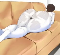1girls ass_focus back_view big_ass bodysuit brown_hair butt butt_focus couch evie_(stellar_blade) latex_clothing laying_on_stomach shift_up short_hair stellar_blade stellar_blade:_blood_rain tight_clothing tiredtorto tomboy