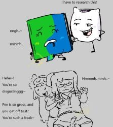 1futa 1girls battle_for_dream_island book_(bfdi) clothed clothing degradation degradation_text female female/futa female_on_futa female_on_top futanari glasses object_shows peeing peeing_self penis pillow_(bfdi) pissing text