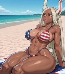 abs ai_generated american_flag_bikini beach big_ass big_breasts bikini curvaceous_figure curvy curvy_body curvy_figure dark-skinned_female eltibre878 lips miruko muscular muscular_female relaxing rumi_usagiyama sitting small_waist thick_thighs usagiyama_rumi wide_hips