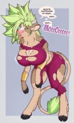 alternate_version_available blue_eyes cow_girl dragon_ball dragon_ball_super femsub furry fusion hooves horns kefla tail tongue tongue_out torn_clothes transformation wrenzephyr2 yellow_hair
