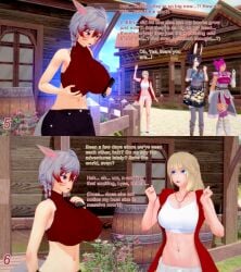 3d 4girls blonde_hair breast_expansion cat_ears cat_tail commission english_text female female_focus final_fantasy final_fantasy_xiv gray_hair growth helisent_woode huge_breasts koikatsu lyse_hext miqo'te oc original_character phone reality_warping text thracie_isshu viera xavierhuge yae_yoshizawa