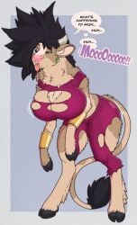 alternate_version_available black_eyes black_hair cow_girl dragon_ball dragon_ball_super femsub furry fusion hooves horns kefla tail tongue tongue_out torn_clothes transformation wrenzephyr2