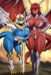 2girls ai_generated armor armored_female ass big_ass big_breasts big_butt blonde_hair blue_skin boobs boobs_bigger_than_head breasts breasts_bigger_than_head breasts_focus colored_skin digimon digimon_(species) dragon_girl examon female female/female female_focus female_only genderbend genderswap genderswap_(mtf) hand_on_hip height_difference helmet horns humanized imperialdramon_paladin_mode leaning_on_sword looking_at_viewer red_hair redhead royal_knights rule_63 sword sword_between_breasts tail take_your_pick tall_female taller_female wings