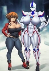 2girls abs ai_generated big_breasts boobs boobs_bigger_than_head breasts breasts_bigger_than_head brown_hair brunette cleavage duel_monster elemental_hero_neos female female/female female_focus female_only genderbend genderswap genderswap_(mtf) hands_on_hips height_difference jaden_yuki light-skinned_female light_skin looking_at_viewer muscular muscular_female no_mouth red_jacket rule_63 take_your_pick tall_female taller_female yu-gi-oh! yu-gi-oh!_gx