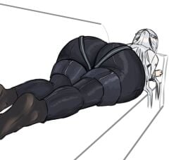 1girl ai-generated_art_(topic) ak-12_(girls'_frontline) ass ass_focus black_shoes commentary couch english_commentary facing_away from_behind girls'_frontline grey_hair long_hair lying meme on_back on_couch on_stomach shoes simple_background solo white_background wide_hips