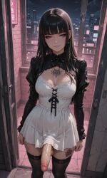 1futa ai_generated balls big_penis black_hair breasts dickgirl doorway dress erection female from_above futa_only futanari goth goth_futa goth_girl goth_girl_(jamesbron) high-angle_view hime_cut intersex jamesbron large_penis legwear long_hair looking_at_viewer medium_breasts night no_panties penis penis_out purple_eyes solo solo_futa standing standing_in_doorway stockings tattoo thighhighs thighs white_dress wide_hips
